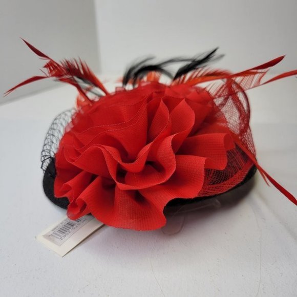 Red and Black Fascinator on Oval Base Sinamay Floral Accent with Feathers - Picture 8 of 16